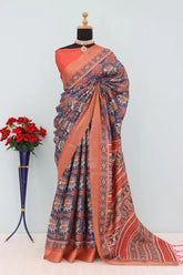 Mysore Silk Digital Print Blue Saree With Unstiched Blouse Piece-MPHMS-08-BLUE